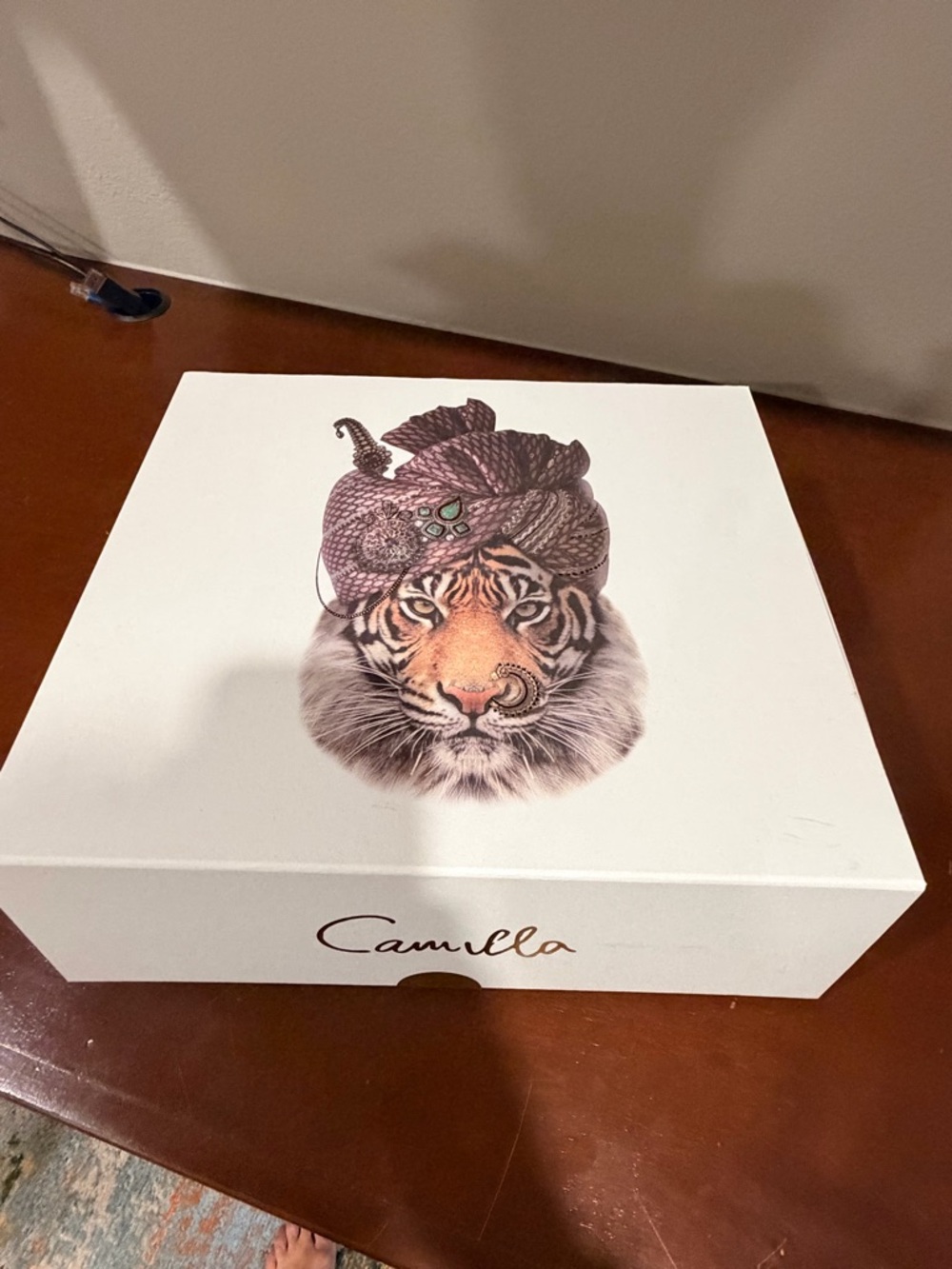 Camilla White Gift Box with Brown and Orange Tiger Motif